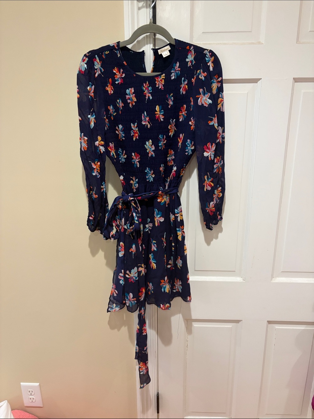 Shoshanna Navy Floral Long-Sleeve Tie-Waist Dress
